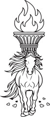 Flaming Torch Horse Vector, Powerful Running Horse Line Art Symbol of Freedom and Energy