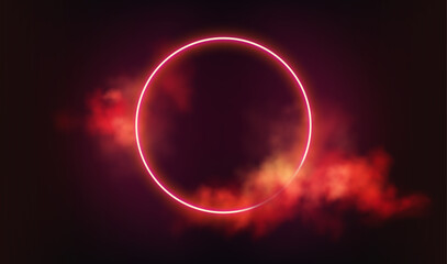 Vector Illustration Neon Circle Background, Red Smoke and Clouds, Futuristic Night Mood, Abstract Glow Scene for Modern Tech Art