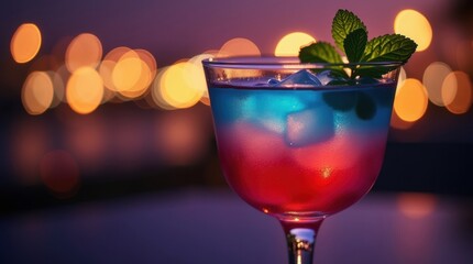 Colorful layered cocktail with mint garnish and bokeh background