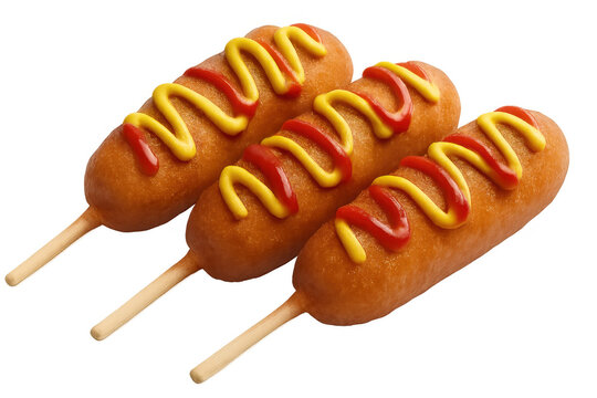 Three golden brown corn dogs with zigzagging lines of red ketchup and yellow mustard on transparent background - Powered by Adobe