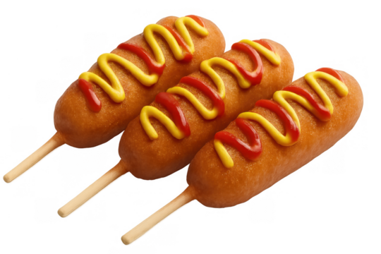 Three golden brown corn dogs with zigzagging lines of red ketchup and yellow mustard on transparent background