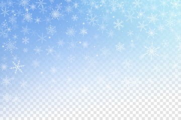 Winter vector background with falling snowflakes. Icy sky with light transparent effect. Frosty Christmas holiday blue magic backdrop.