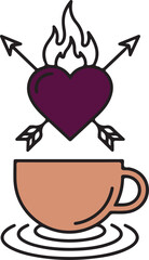 Passionate Coffee Love Vector, Flaming Heart with Arrows and Cup Minimal Illustration