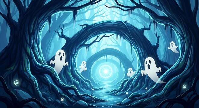 A spooky tunnel of trees with glowing eyes and ghosts floating through the air, creating a chilling and mysterious atmosphere in the dark forest