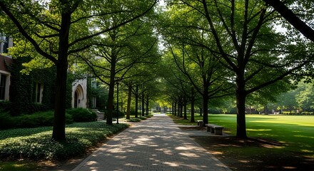 Scenic treelined avenue creating a natural green tunnel on a sunny day.