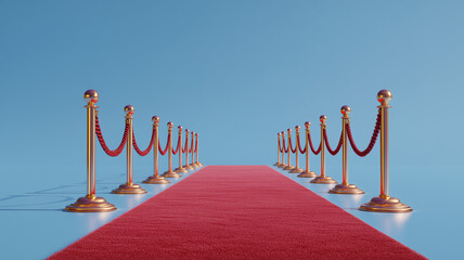 3d illustration of a red carpet with golden stanchions and ropes on a blue background, a cinema concept. Ai generated
