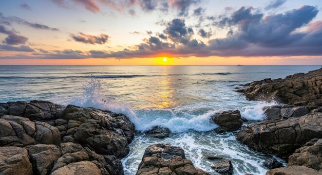 Golden sun setting over ocean horizon with waves crashing on rugged rocky coast, vibrant colorful sky.