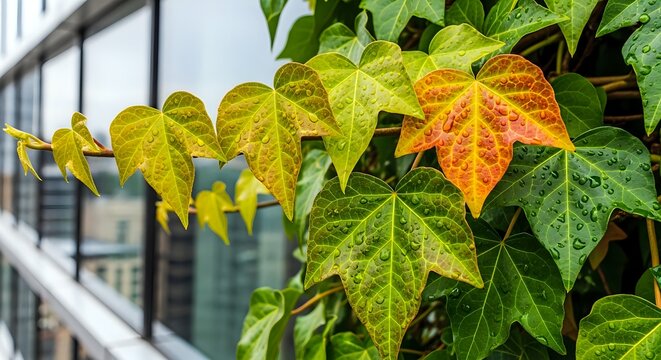 Vibrant ivy leaves showing a beautiful transition of autumn colors.