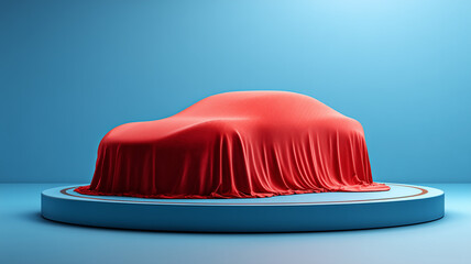 3d render of a car covered with a red cloth on a blue podium platform, a car presentation concept. Ai generated