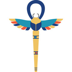 Egyptian Ankh Symbol With Scarab Beetle Wings And Hieroglyphic Elements In Blue Yellow Teal And Orange Colors