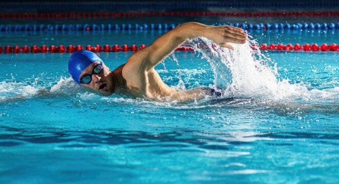 Male swimmer in a blue cap and goggles performing the freestyle crawl stroke in a swimming pool, creating a dynamic water splash.