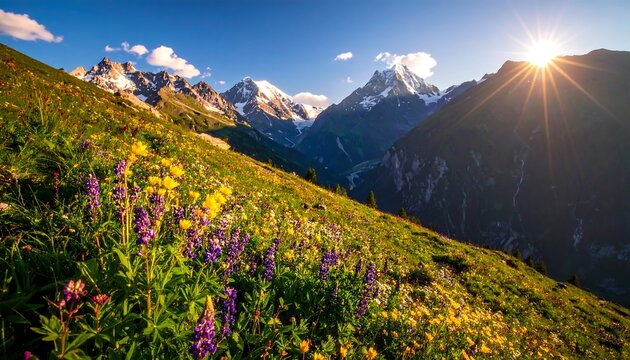 Lush meadow with wildflowers facing majestic, snow-capped mountains and sun