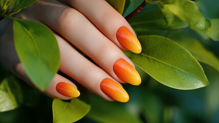 A close-up of the hand with bright orange and yellow gradient nail polish on the fingernails, showcasing their elegant shape against the green leaves. Ai generated