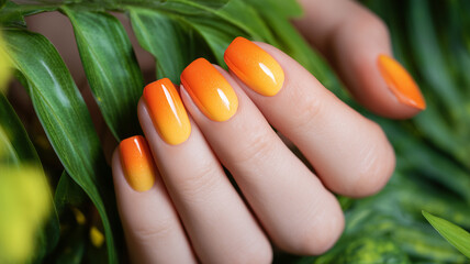 A close-up of the hand with bright orange and yellow gradient nail polish on the fingernails, showcasing their elegant shape against the green leaves. Ai generated