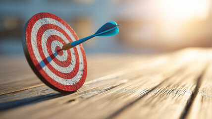 A dart's target with a blue arrow hitting the center on a wooden wall. Ai generated