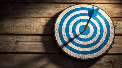 A dart's target with a blue arrow hitting the center on a wooden wall. Ai generated