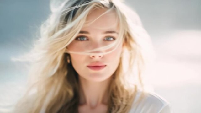 Close-up portrait of a blonde woman with windblown hair and blue eyes, looking at the camera against a soft, bright background.