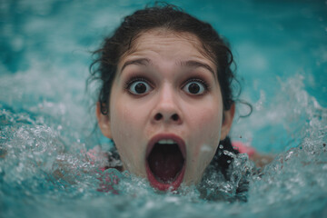 A photo of an extremely shocked young woman swimming in a pool, her mouth open and an expressionless look on her face. Ai generated