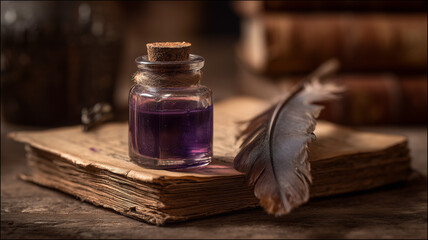 A small glass bottle of purple ink, sitting on an ancient book with a quill and parchment beside it. the scene is illuminated by soft light from the right side. Ai generated