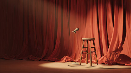 A stand-up comedy stage with red curtains, a spotlight on the stool in front of it, in a cartoon style with a simple background. Ai generated