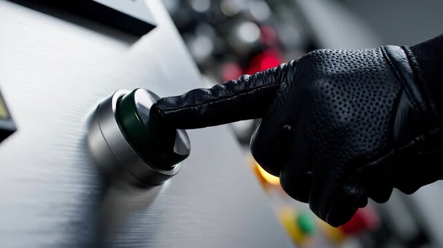 Hand in protective glove presses green industrial button on control panel. Factory worker activates machinery equipment during manufacturing operation. Safety protocol and automation technology