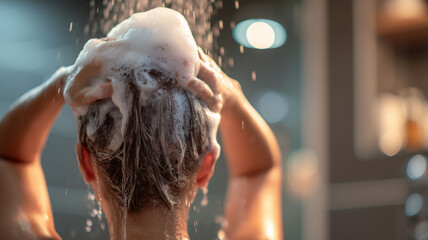 A woman is washing her hair with shampoo in the bathroom, back view of a woman's hands holding shampoo foam on her head for hairstyling and color balance. Ai generated