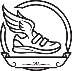 Minimal vector illustration of winged running shoe inside circle, speed and freedom concept