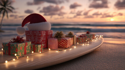 Christmas gifts on a surfboard at sunset on a sandy beach, Christmas by the sea, presents, holiday, gift giving, santa hat.