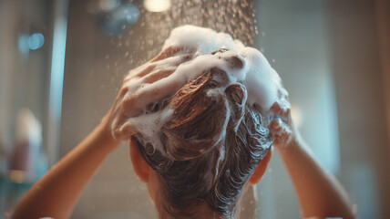 A woman is washing her hair with shampoo in the bathroom, back view of a woman's hands holding shampoo foam on her head for hairstyling and color balance. Ai generated