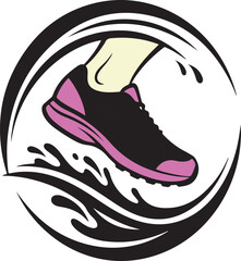 Running shoe in motion circular logo illustration, sporty dynamic energy splash design