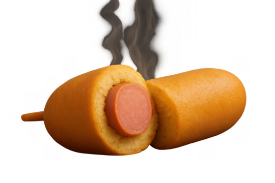 Steaming cut corn dog with hot frankfurter on wooden stick showing golden fried batter, fast food snack on transparent background