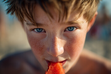 A young boy with short hair and blue eyes eats watermelon on the beach, making a funny face. Ai generated