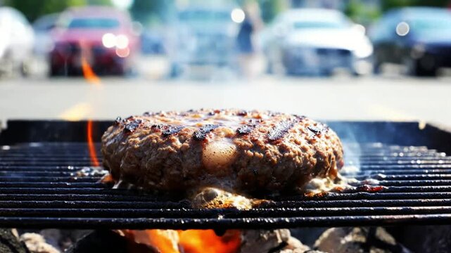 Juicy hamburger patty sizzling on a charcoal grill