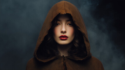 A young woman with dark hair and red lipstick wearing a brown cloak is casting a spell in the style of magic realism. Ai generated