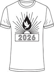 Minimal “2026” t-shirt vector with dove and flame design, black and white outline emblem