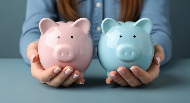 Person holding a pink and a blue piggy bank in hands indoors, representing savings and financial planning 