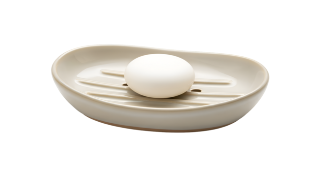 Beige oval soap dish holding a round white bar of soap.