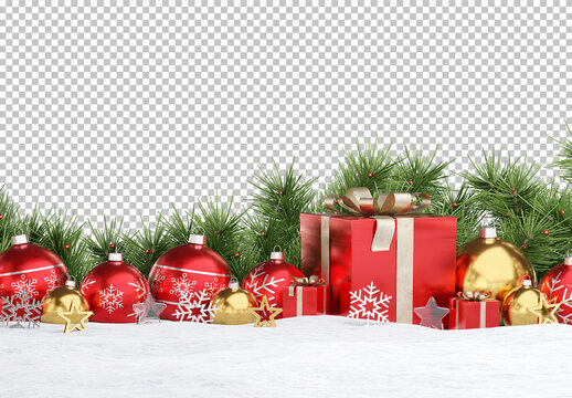 Christmas Scene Isolated with Decorations and Gifts on Snow