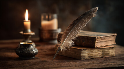 An old quill, candle, and book on an antique wooden table with soft lighting. the scene is rich in texture and detail. Ai generated