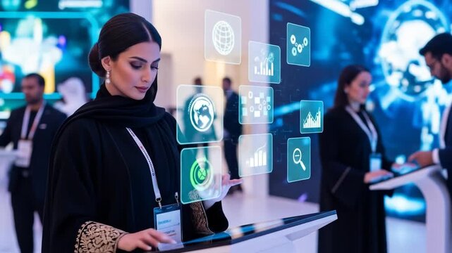 Middle Eastern Woman Navigating Digital Interface at Technology Convention Showcasing Innovation