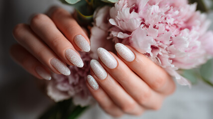 Beautiful woman's hands with a white glitter manicure on a gray background, close-up of the hand and nail design in an elegant setting. Ai generated