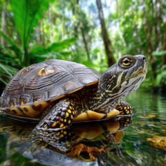 Fototapeta premium close up Turtle resting among tropical plants in a lush natural environment,