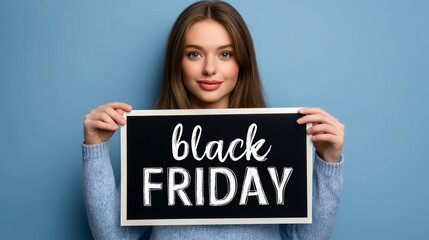 A smiling woman holds a sign with 'Black Friday' on it, conveying the anticipation and excitement of a day filled with deals.