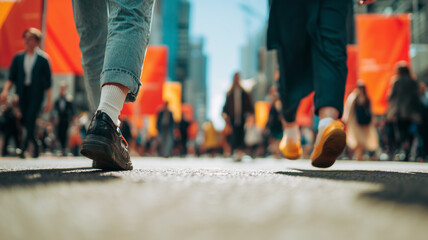 People walking in the street, close-up of feet and legs, casual . the background is blurred with red banners or orange accents. Ai generated