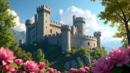 Majestic medieval castle perched on a cliff surrounded by lush green trees and vibrant pink flowers