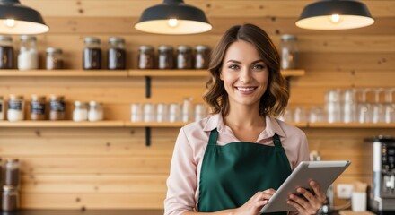 Smiling young adult female barista holding a digital tablet in a bright modern coffee shop setting