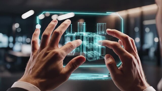 interact with holographic architectural wireframe model in digital space. Virtual reality building design and construction planning technology. Futuristic augmented blueprint visualization - Powered by Adobe
