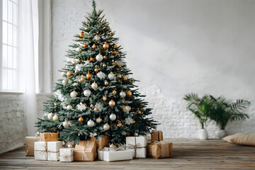 Big beautiful christmas tree decorated with beautiful shiny baubles and many different presents on wooden floor. White wall background with a lot of copy space for text. Close up.