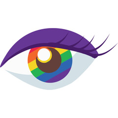 Eye With Rainbow Iris Symbolizing Diversity and Inclusion in a Close Up View With Purple Eyebrows and Eyelashes Against A Transparent Background
