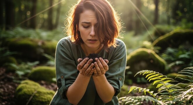 Young woman holding rich dark soil in her hands, standing in a lush sunlit forest on a bright day
